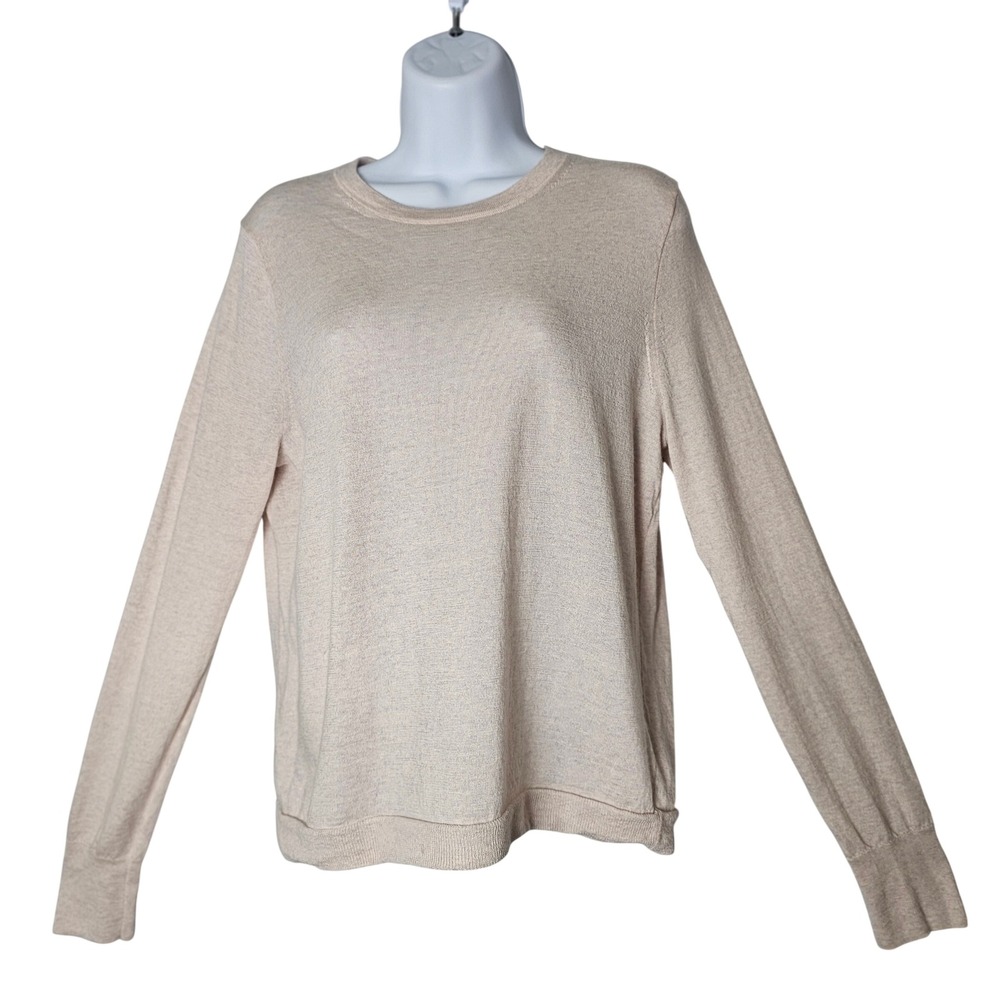 J Crew 100% Merino Wool Sweater Women L Beige Crewneck Quiet Luxury Minimalist